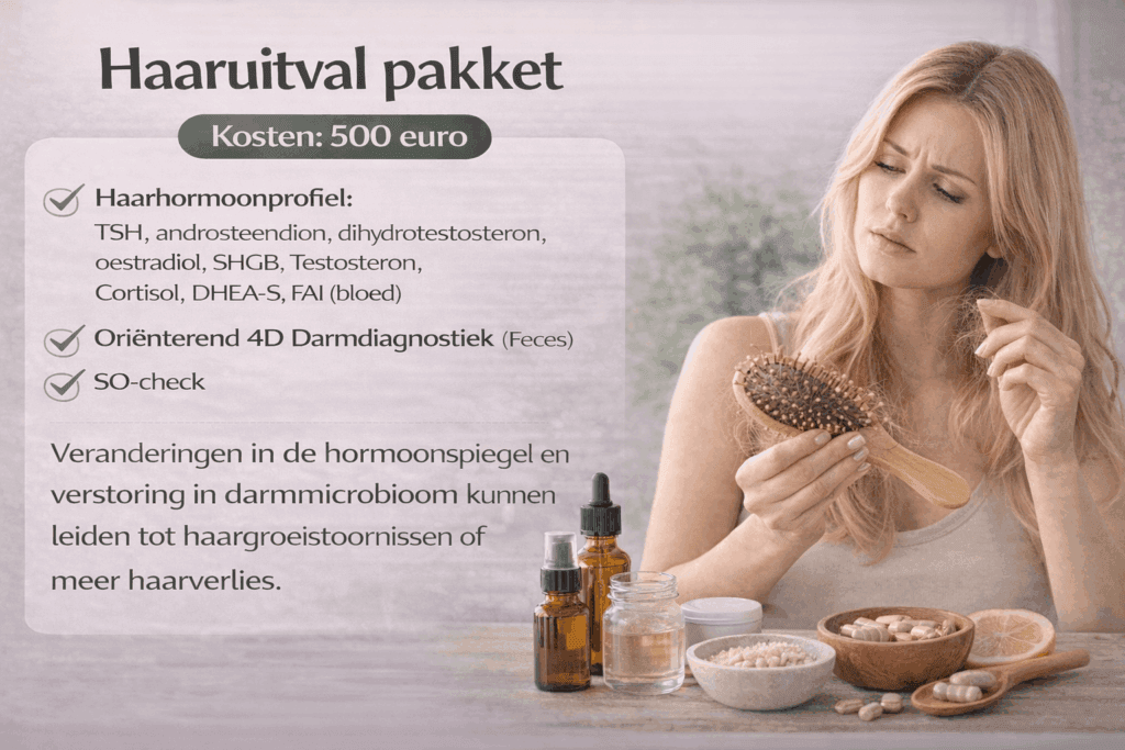 Vrouw kijkt bezorgd naar haarborstel met haaruitval, naast hormoon- en darmonderzoek voor het Haaruitval pakket.